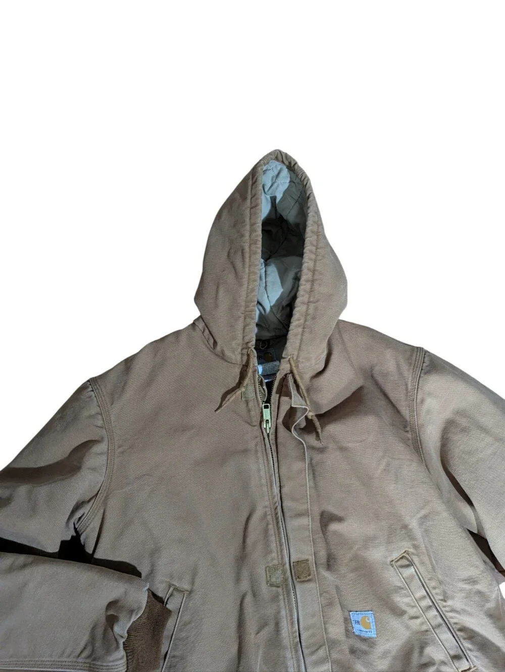 vtg Carhartt Tan Hooded Insulated Work Jacket FRJ184 Flame Resistant Sz L